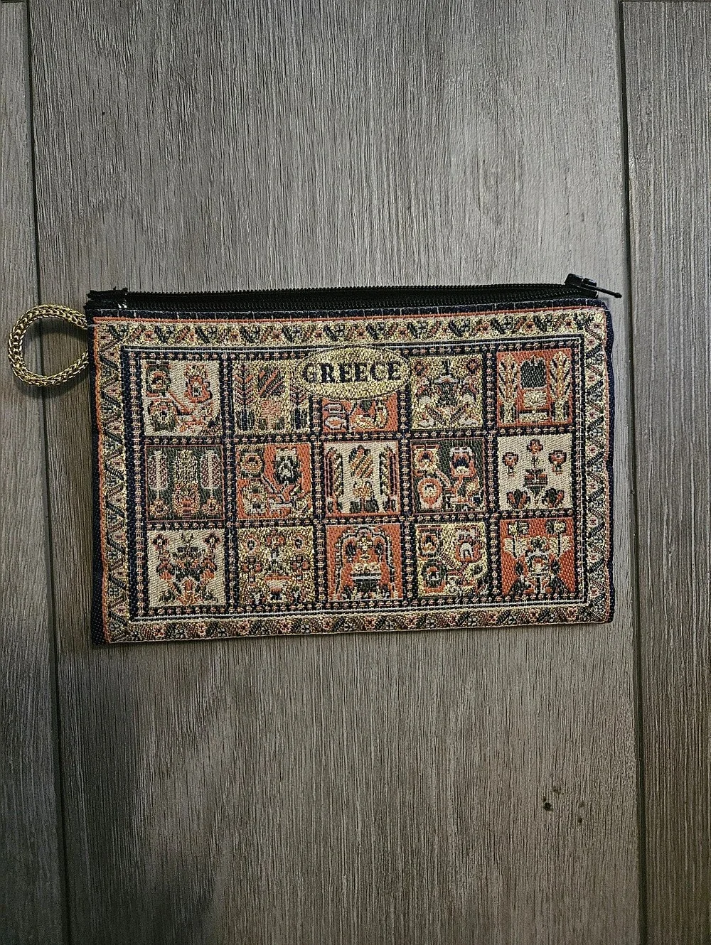 Source Unknown Greece Tapestry Zip Pouch - Black, Cream, Brown, Green, Orange
